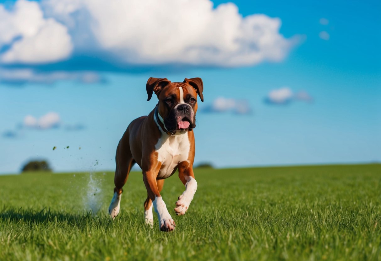 A female boxer dog running through a green field, with a bright blue sky and a few fluffy clouds in the background