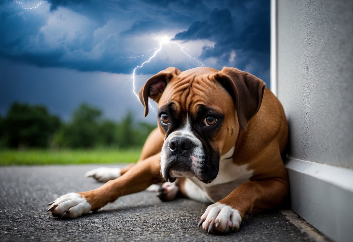 A boxer dog cowers in a corner, ears pinned back, trembling with wide eyes, as thunder rumbles outside