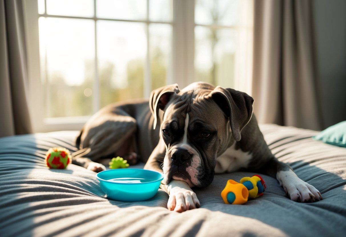 A female boxer dog lies peacefully on a soft bed, surrounded by toys and a bowl of water. The sunlight streams through the window, casting a warm glow on her graying fur