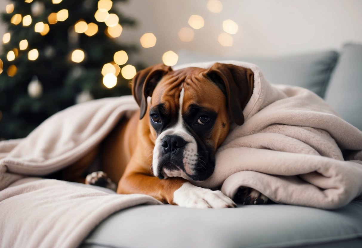 A female boxer dog cuddles with a soft blanket, looking content and affectionate