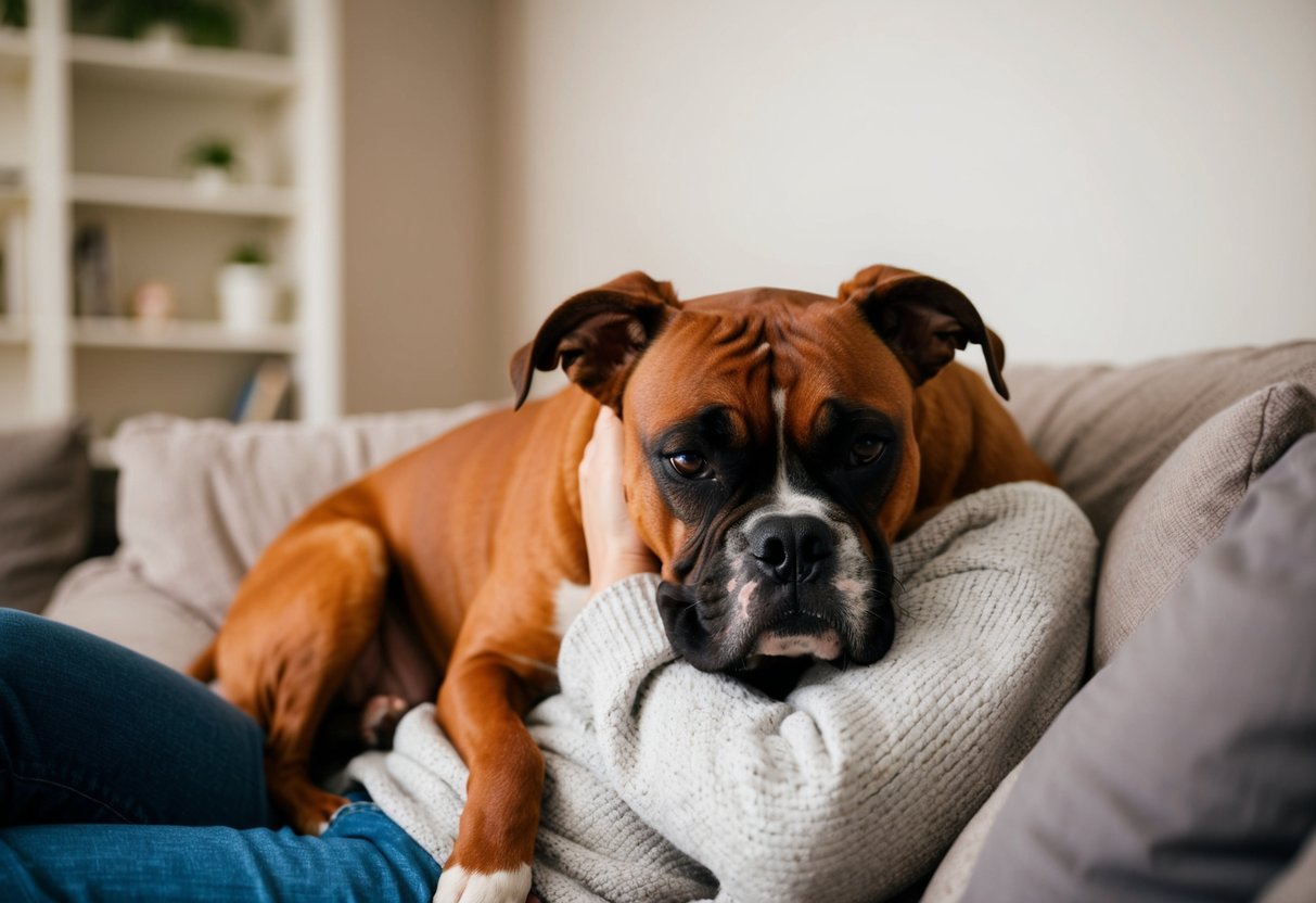 A female boxer dog snuggles with her owner on a cozy couch, nuzzling into their lap with a content and affectionate expression