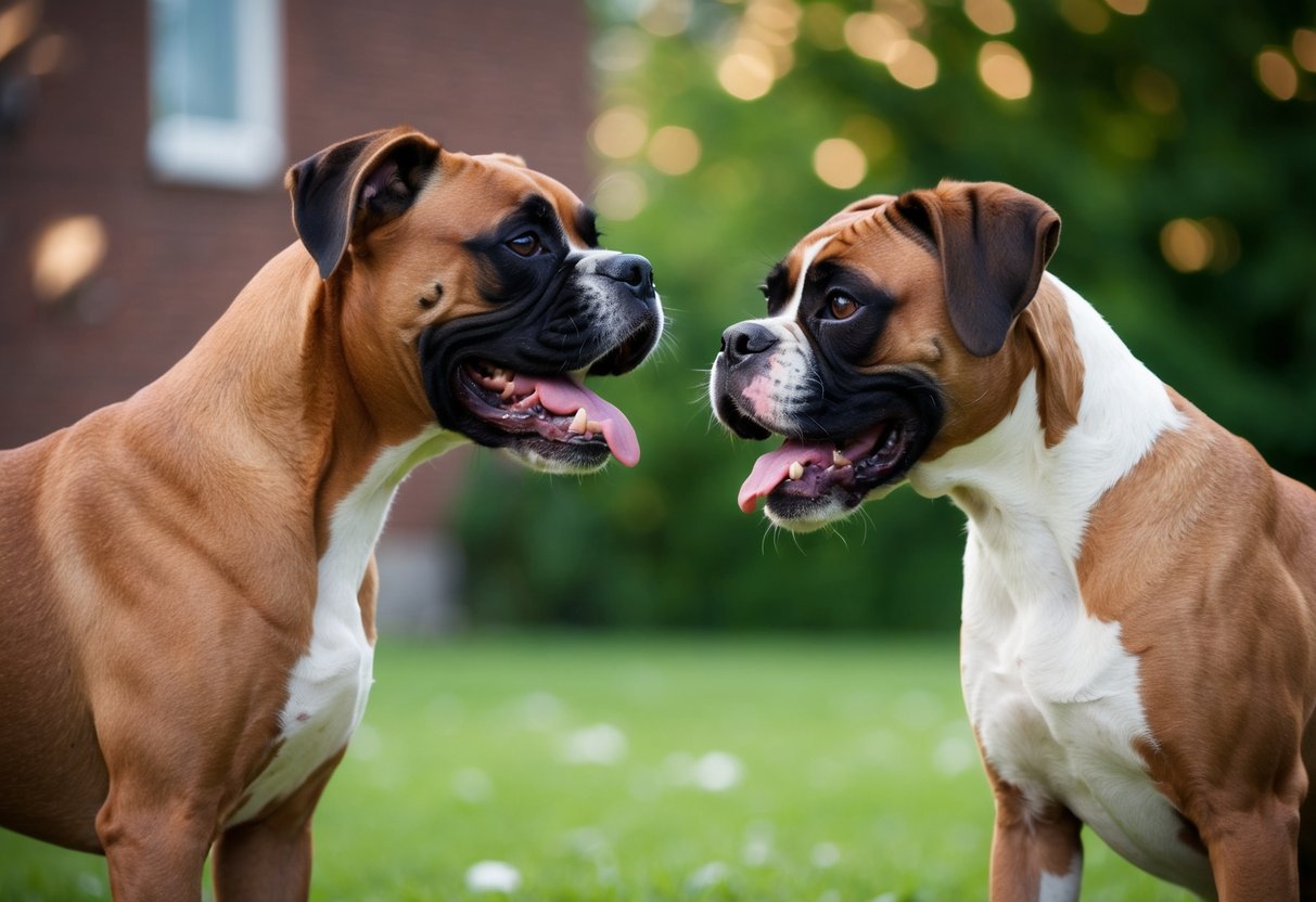 Two female boxer dogs playfully interacting with each other, showing affection and camaraderie