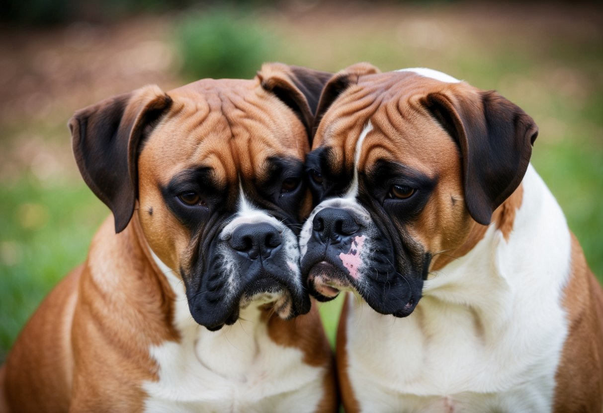 Two female boxer dogs nuzzling and resting their heads on each other, showing signs of affection and physical contact