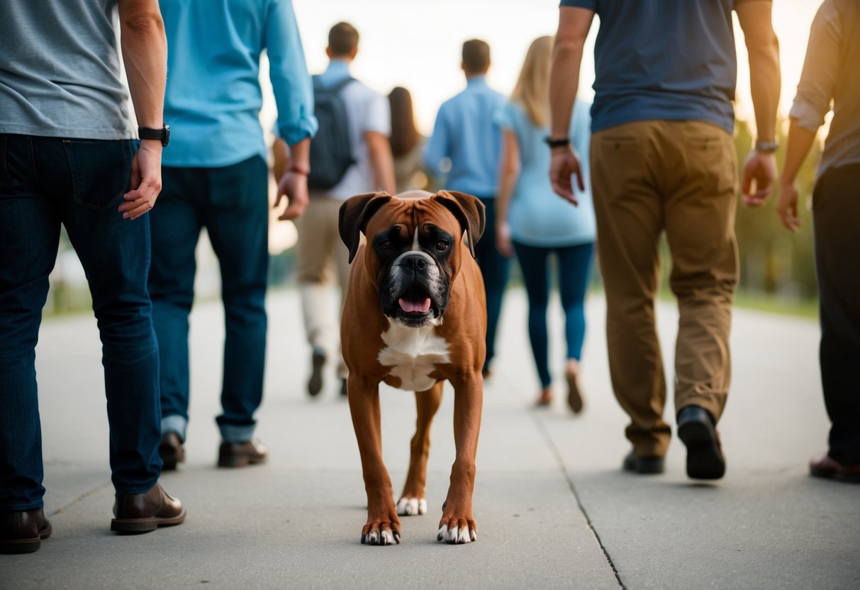 A group of people backing away from a growling boxer dog, with tense expressions and body language indicating fear or discomfort