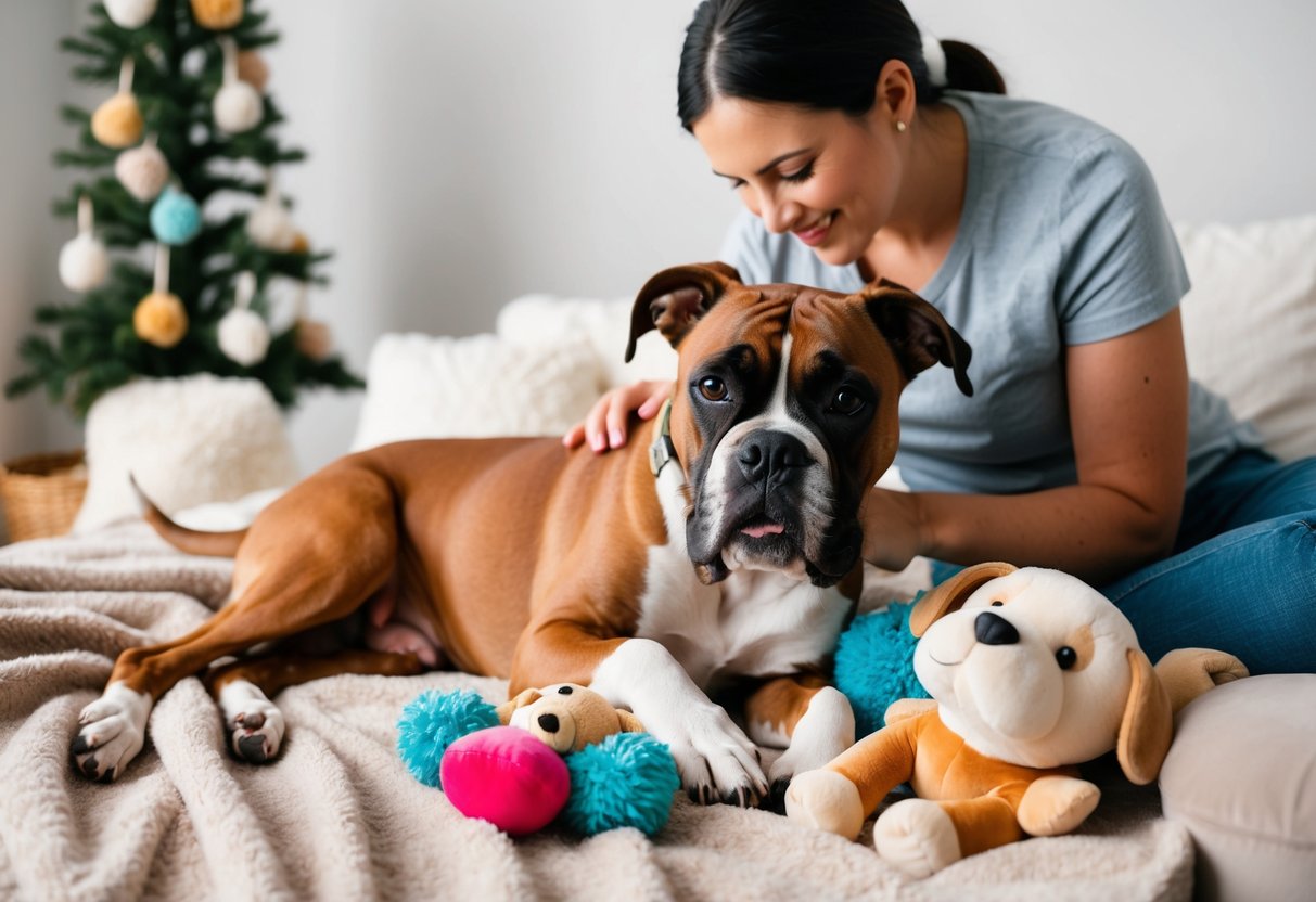 A female boxer dog lying on a cozy blanket, surrounded by plush toys and enjoying a belly rub from her owner