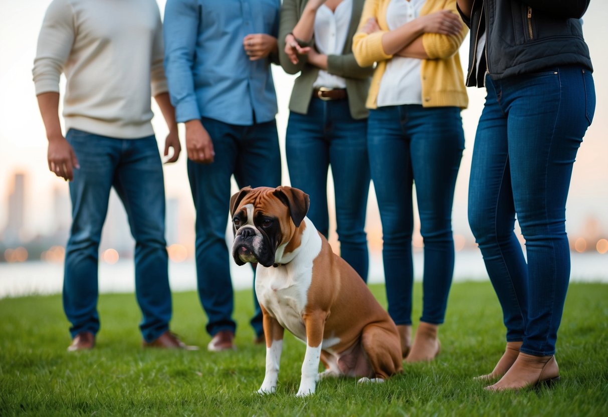A group of people avoiding a friendly boxer dog, while the dog looks confused and sad