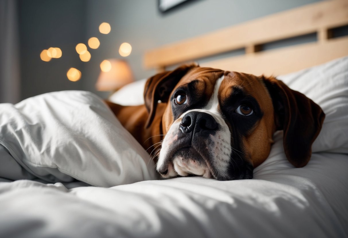 A boxer dog snuggles with its owner in bed, looking up with adoring eyes