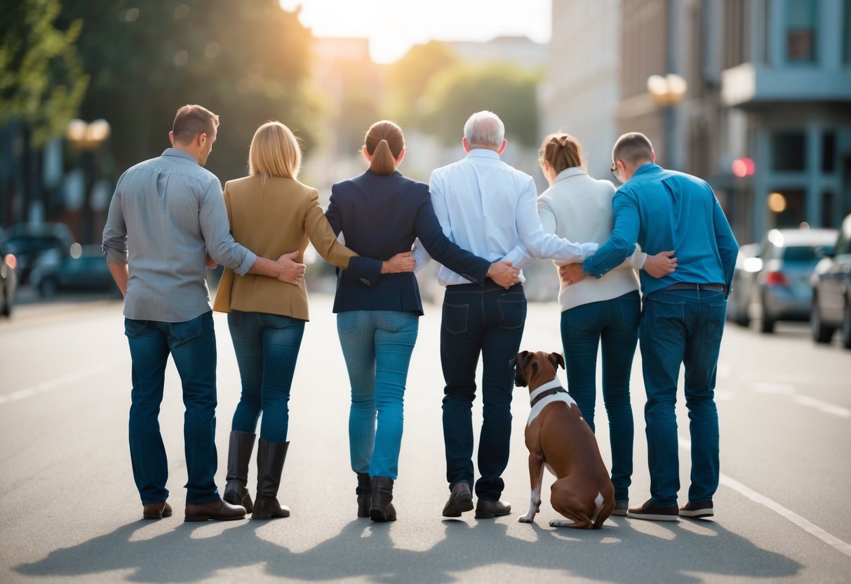 A group of people turning away from a boxer dog, showing disinterest and aversion