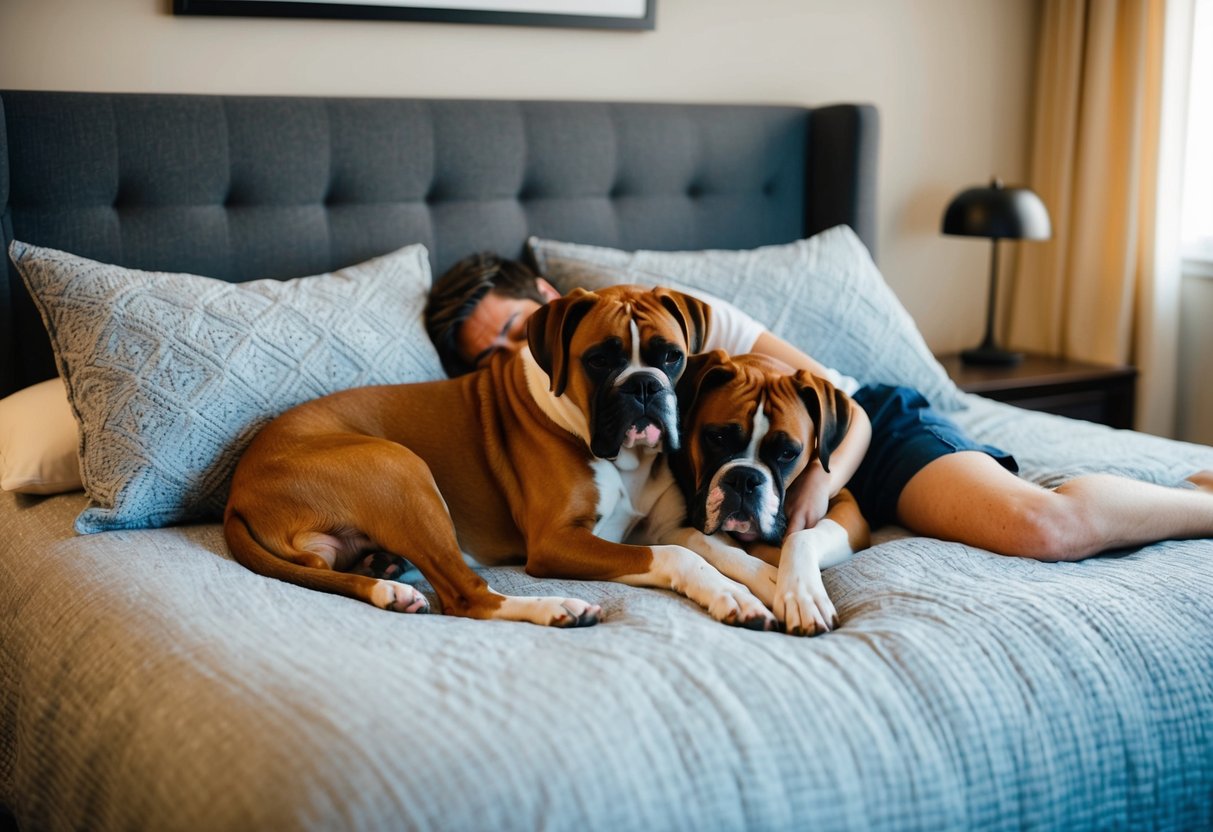A cozy bedroom with a large bed, a contented boxer dog curled up next to their owner, both peacefully sleeping