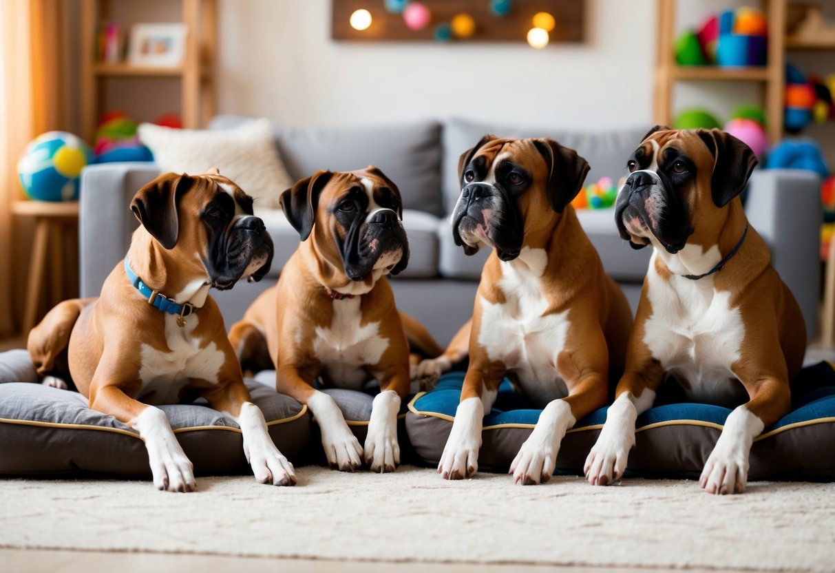 A family of boxers lounging in a cozy living room, looking lovingly at each other. The room is filled with toys and dog beds, creating a warm and inviting atmosphere