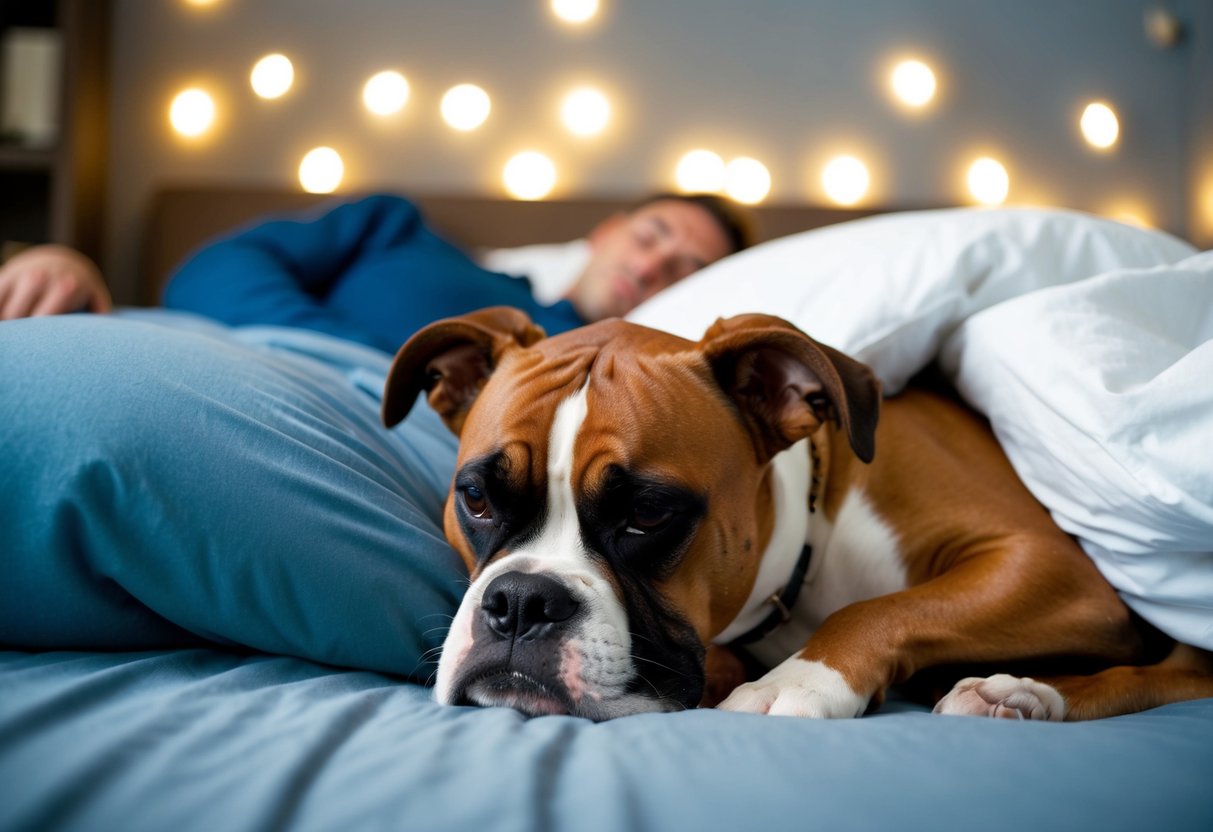 A boxer dog snuggles on a cozy bed next to its owner, seeking comfort and companionship for a peaceful night's sleep