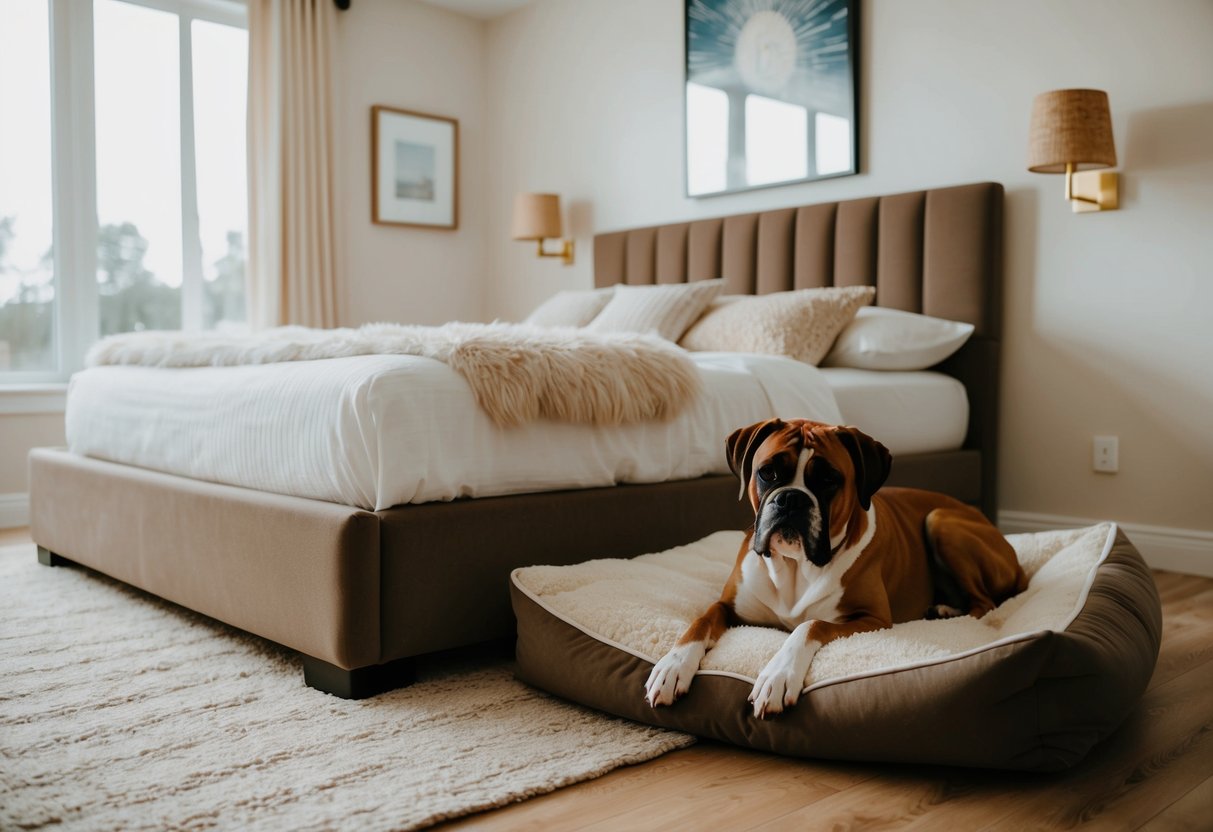 A cozy bedroom with a large bed, a fluffy dog bed on the floor, and a contented boxer dog snuggled up next to its owner