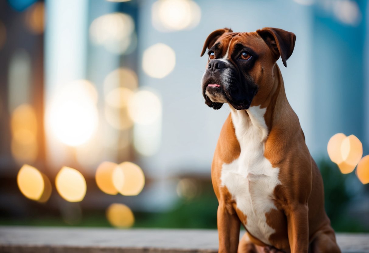 A boxer dog sitting attentively, gazing up at its owner with a hopeful expression, wagging its tail eagerly