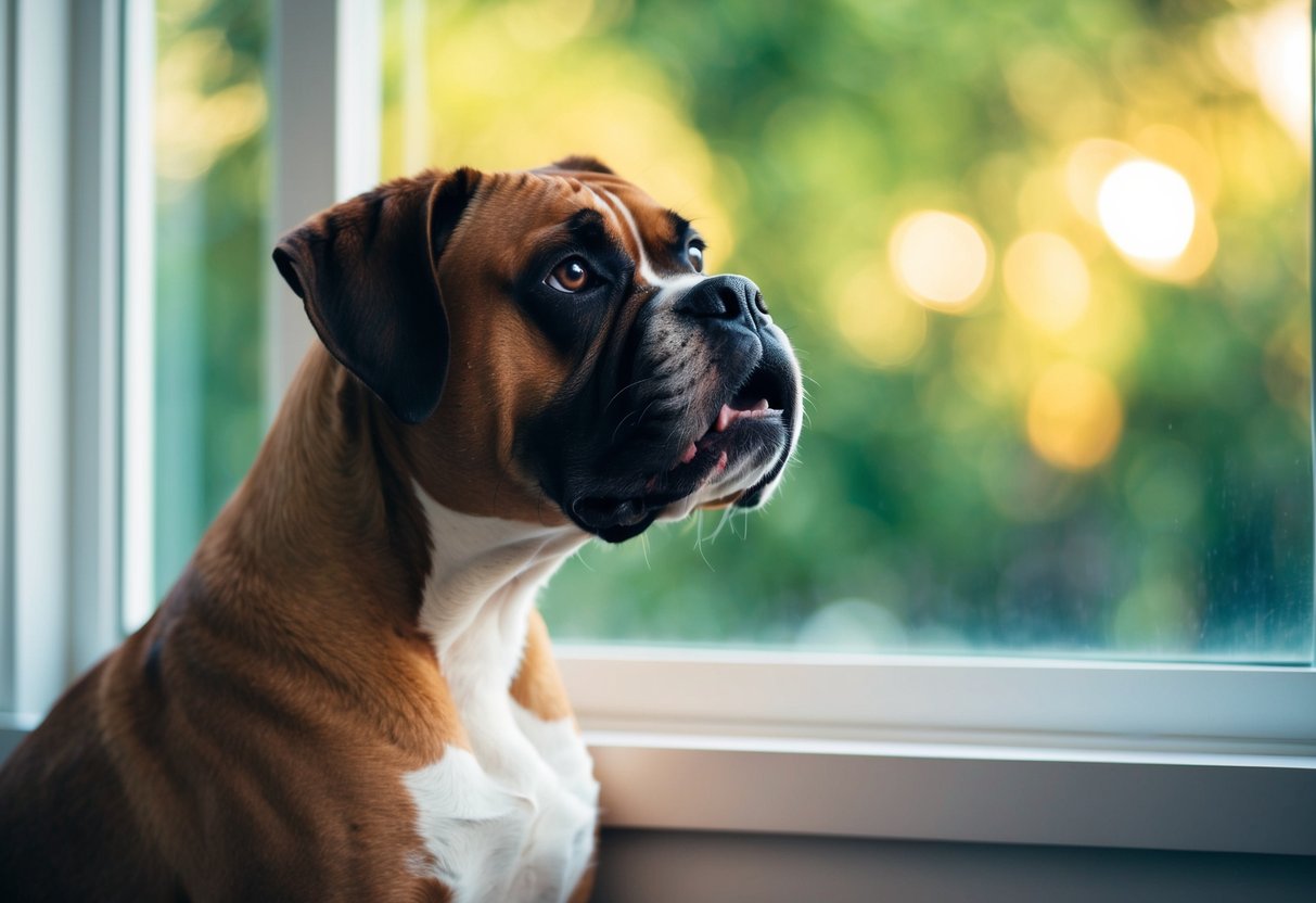 A boxer dog sits by a window, eagerly waiting for attention. Its tail wags as it looks up at its owner with hopeful eyes