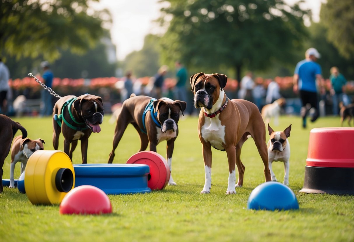 A boxer dog surrounded by various training equipment, engaging in socialization with other dogs at a busy park