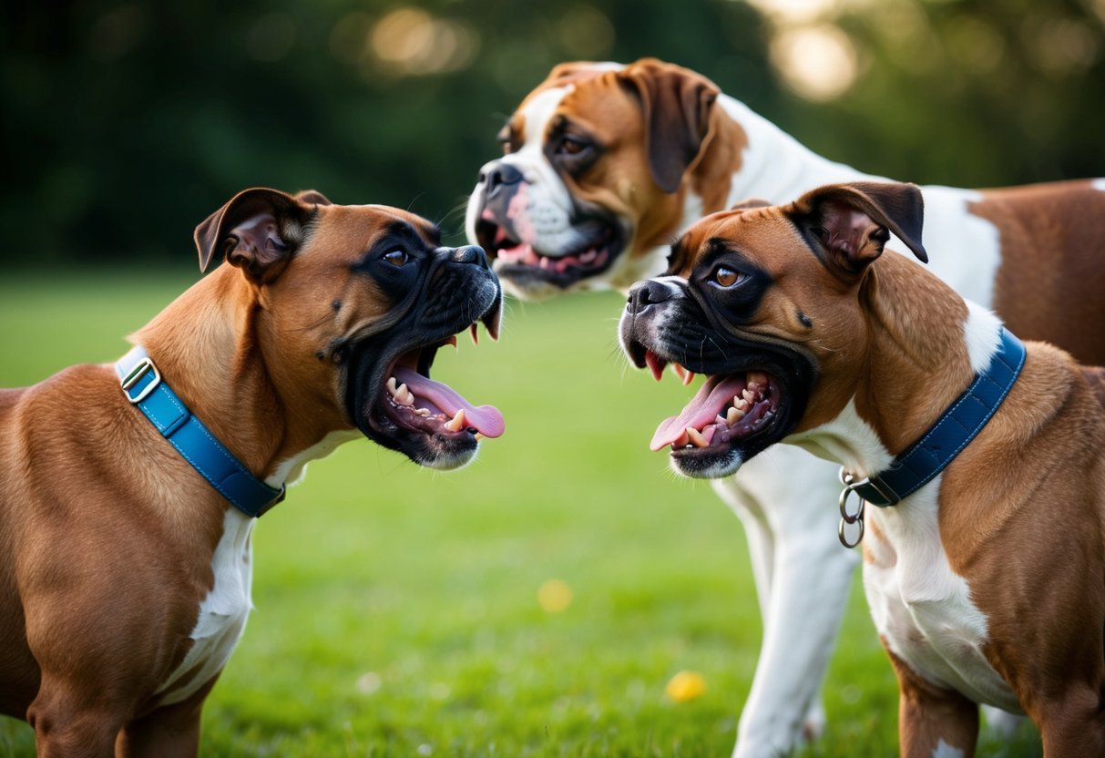 Two female boxer dogs stand face to face, growling and showing their teeth, while a male boxer dog looks on from a distance