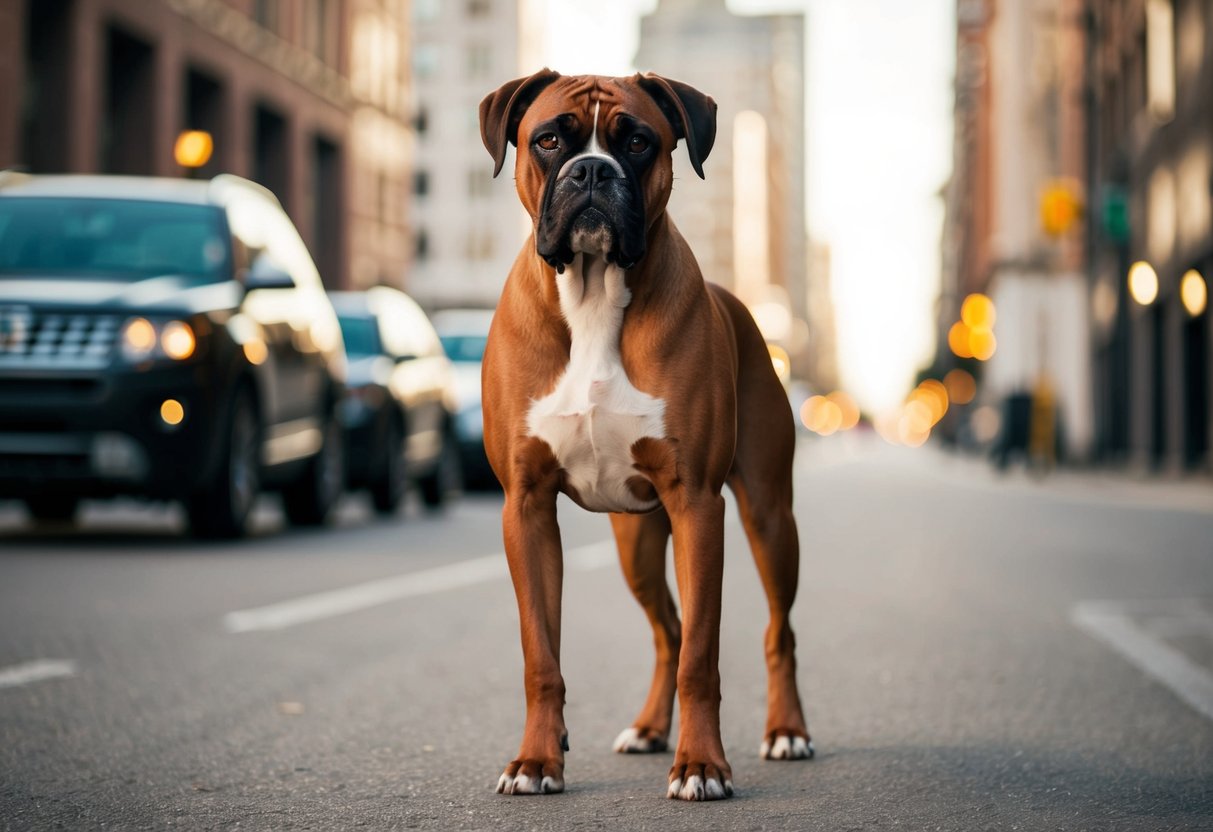 A muscular boxer dog stands confidently, head held high, with a powerful and alert stance