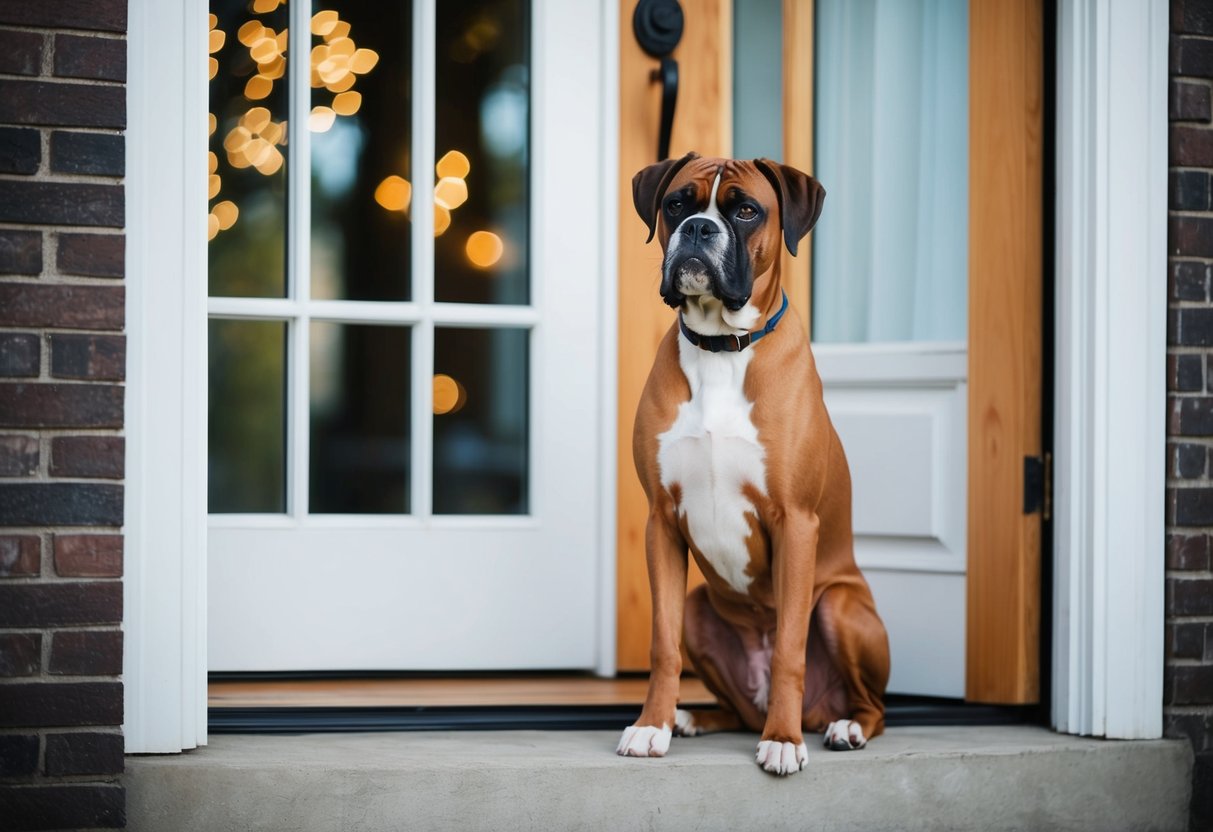 A boxer dog sitting patiently by the front door, looking out the window with a hopeful expression