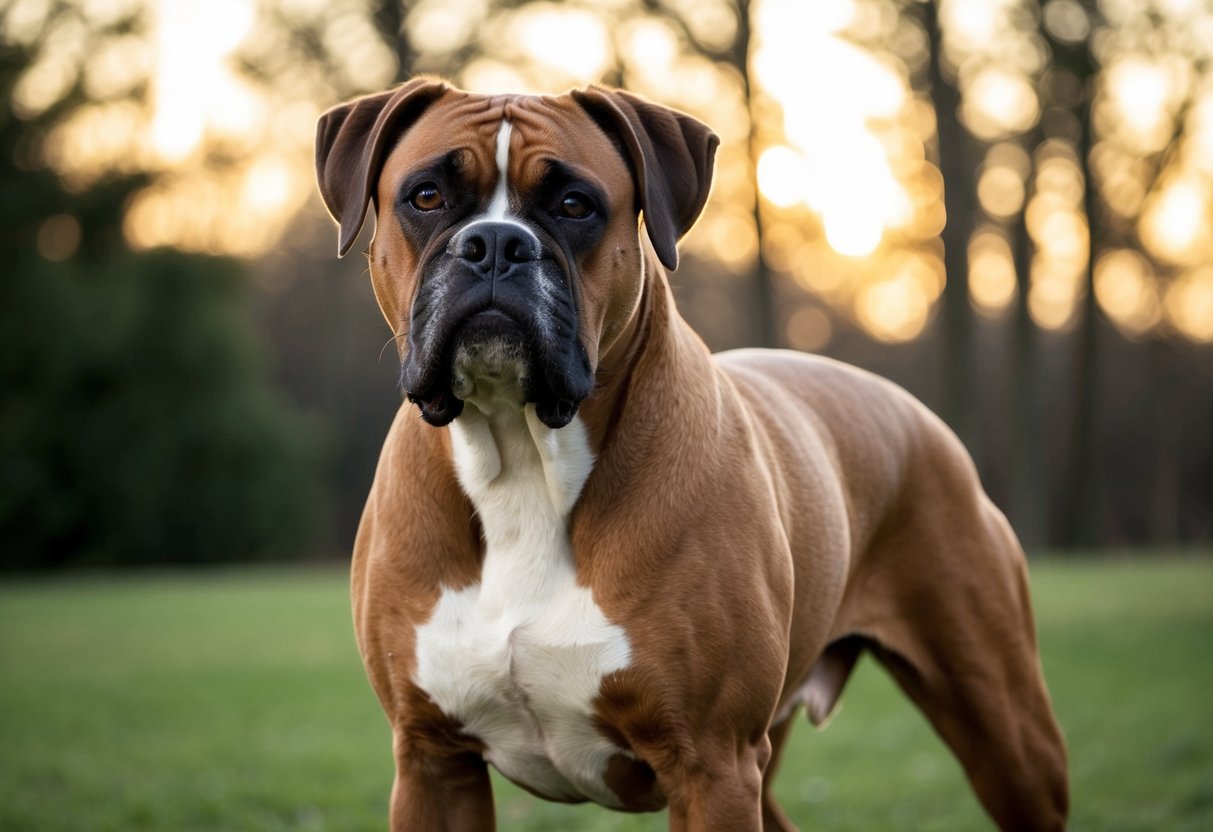 A muscular boxer dog stands confidently, exuding strength and power