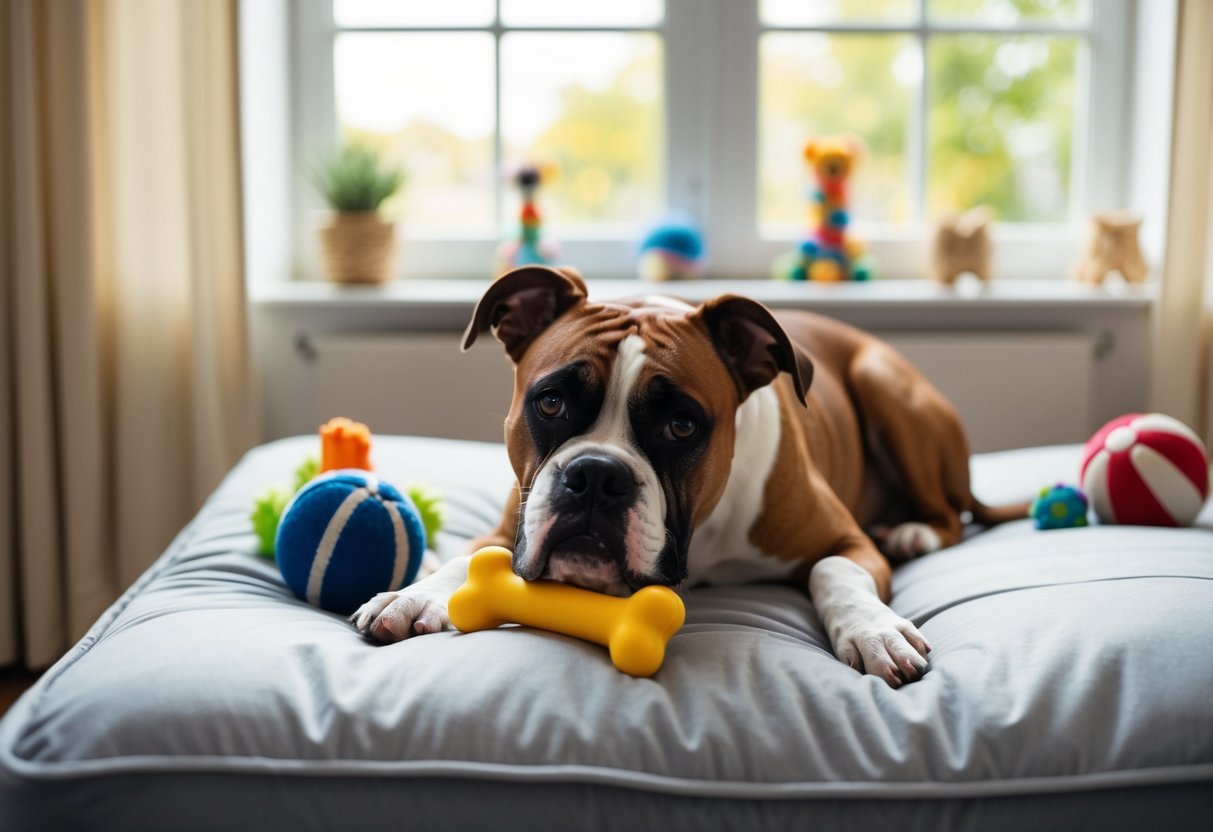 A boxer dog lying peacefully on a cozy bed, surrounded by toys and a chew bone, with a sunny window providing natural light