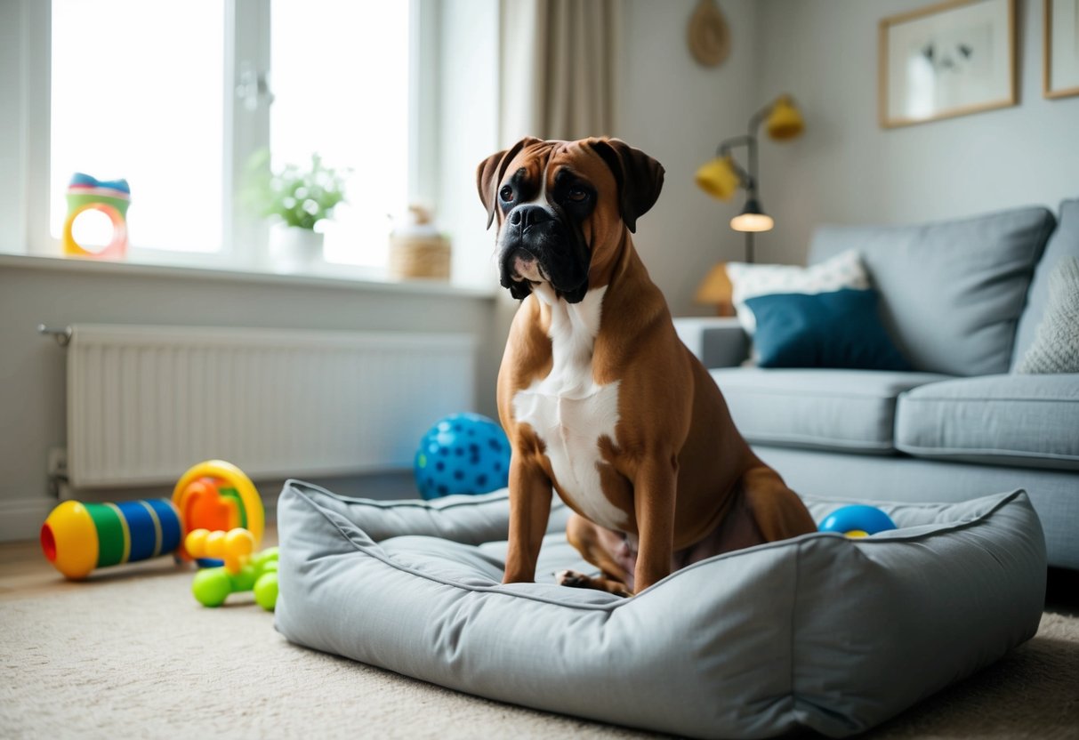 A boxer dog sits calmly in a cozy living room, surrounded by interactive toys and a comfortable bed. A window lets in natural light, and soothing music plays in the background