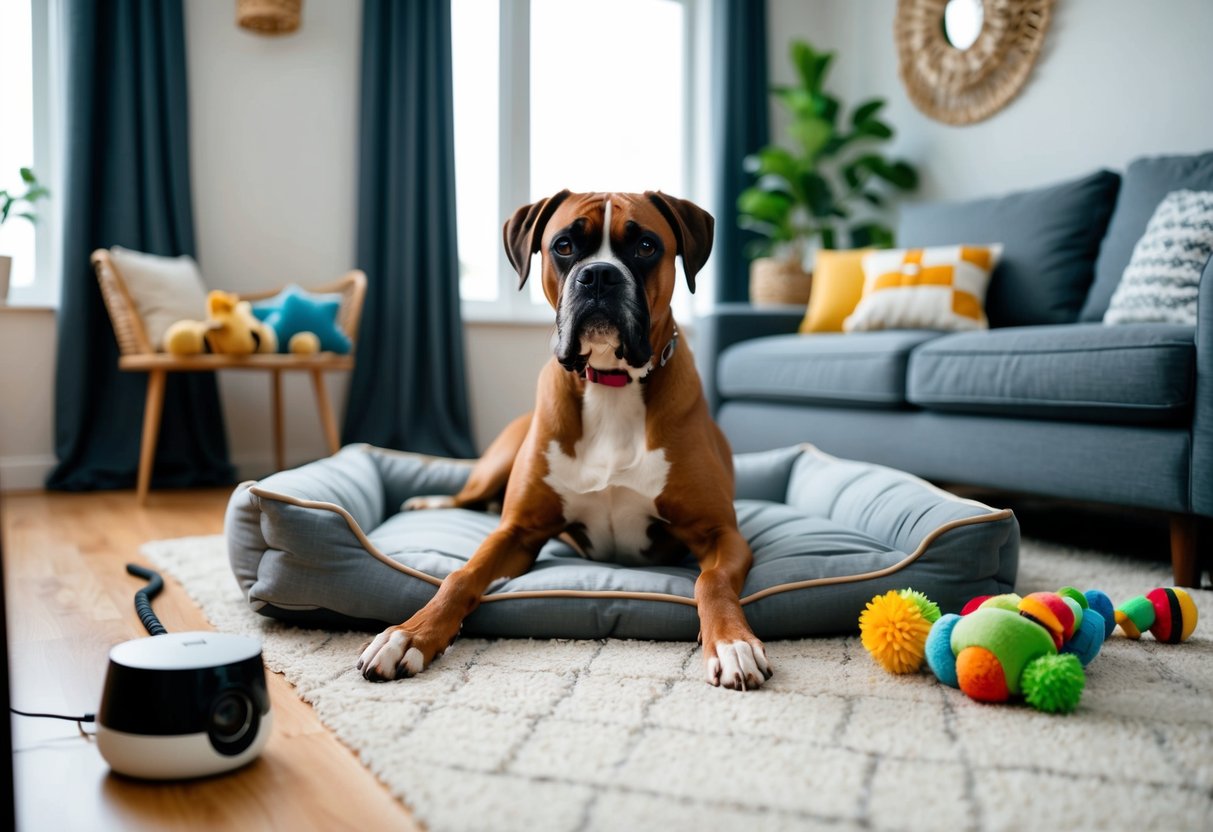A boxer dog sits calmly in a cozy living room, surrounded by toys and a comfortable bed, while a pet camera and automated feeder provide reassurance and care