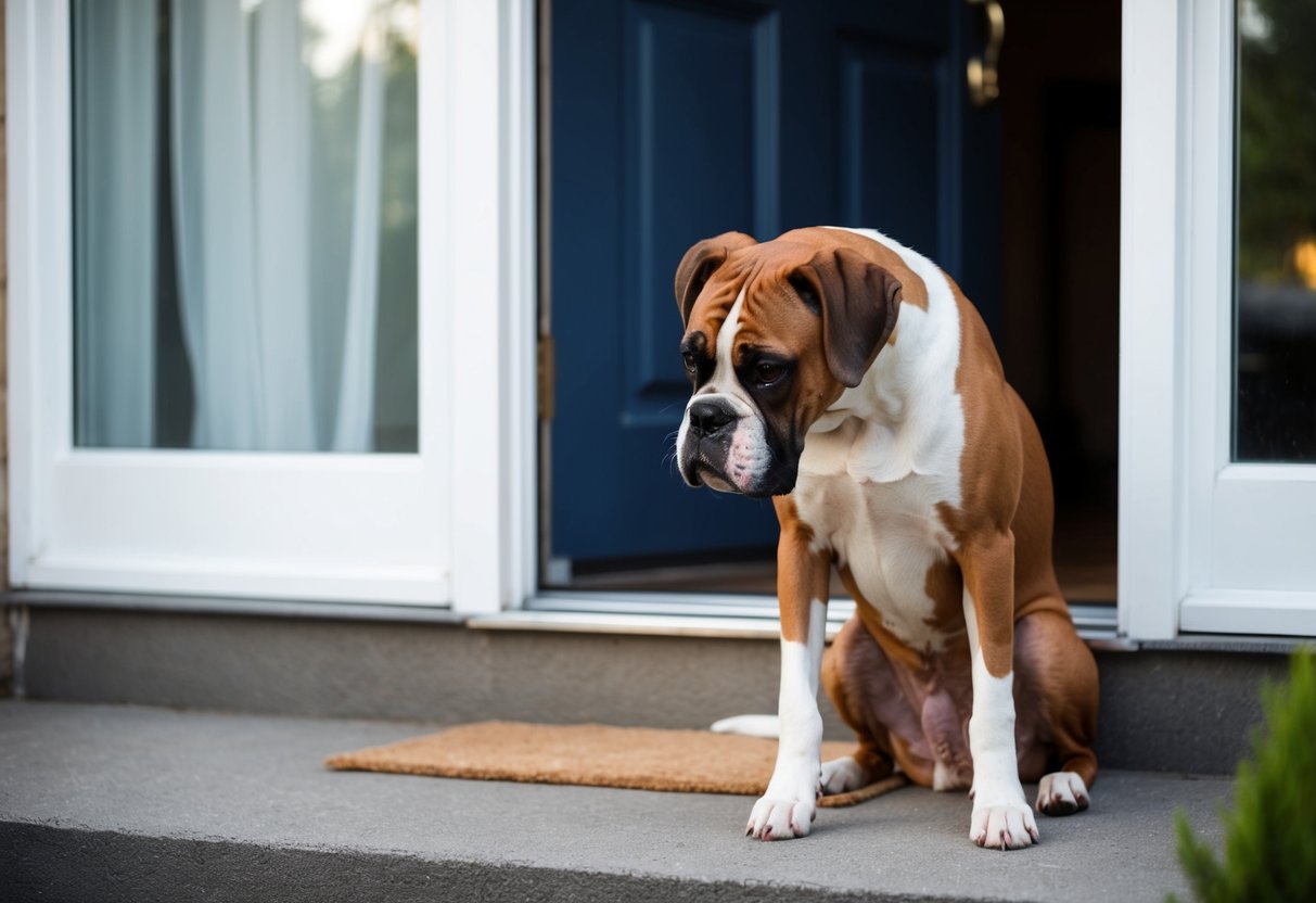 A boxer dog sits by the front door, whining and pawing at the handle, as their owner leaves the house. The dog's ears are drooped and their tail is tucked between their legs, showing signs of separation anxiety