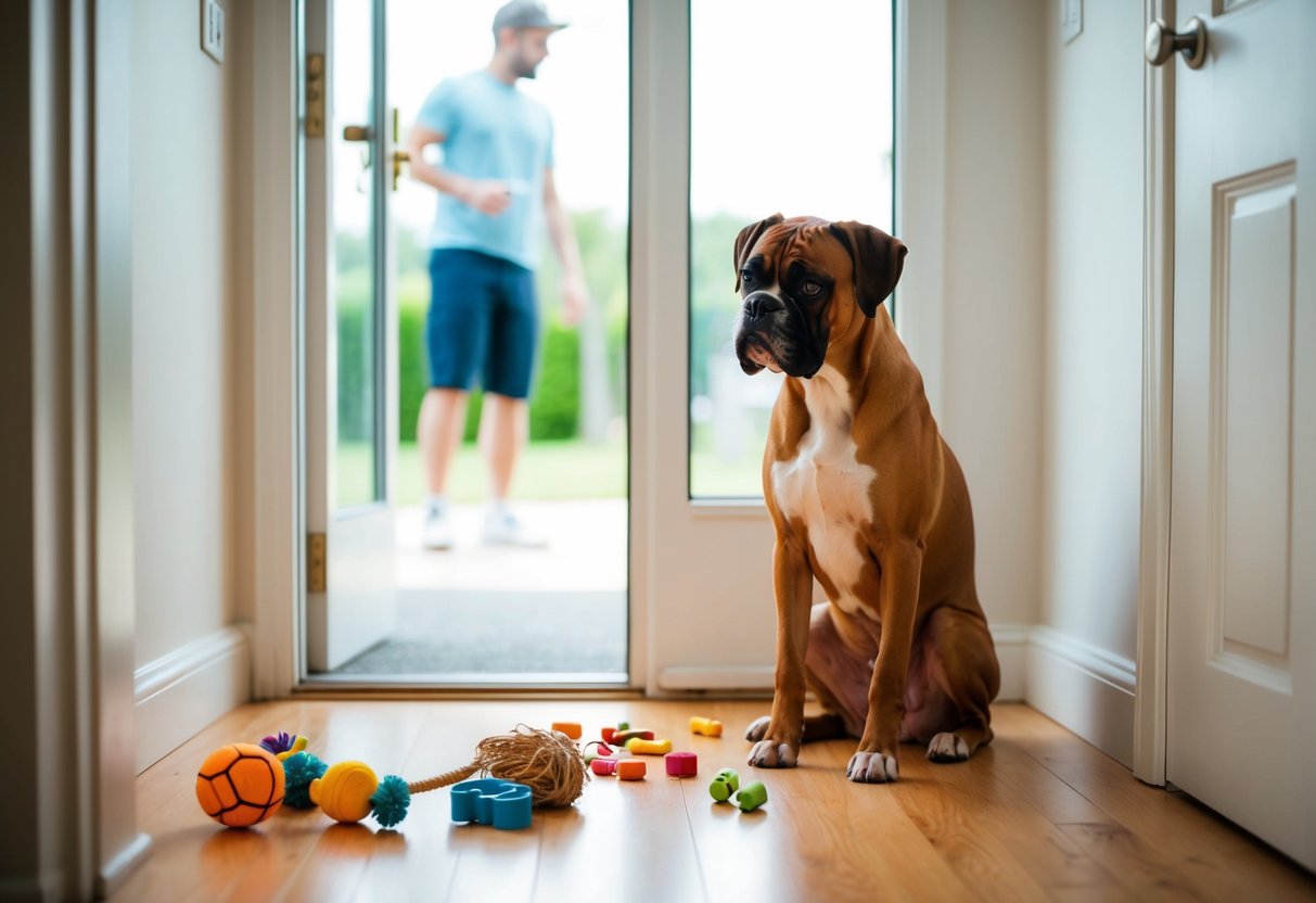 A boxer dog sits by the front door, looking forlorn as their owner leaves. Toys and treats lay scattered on the floor, untouched