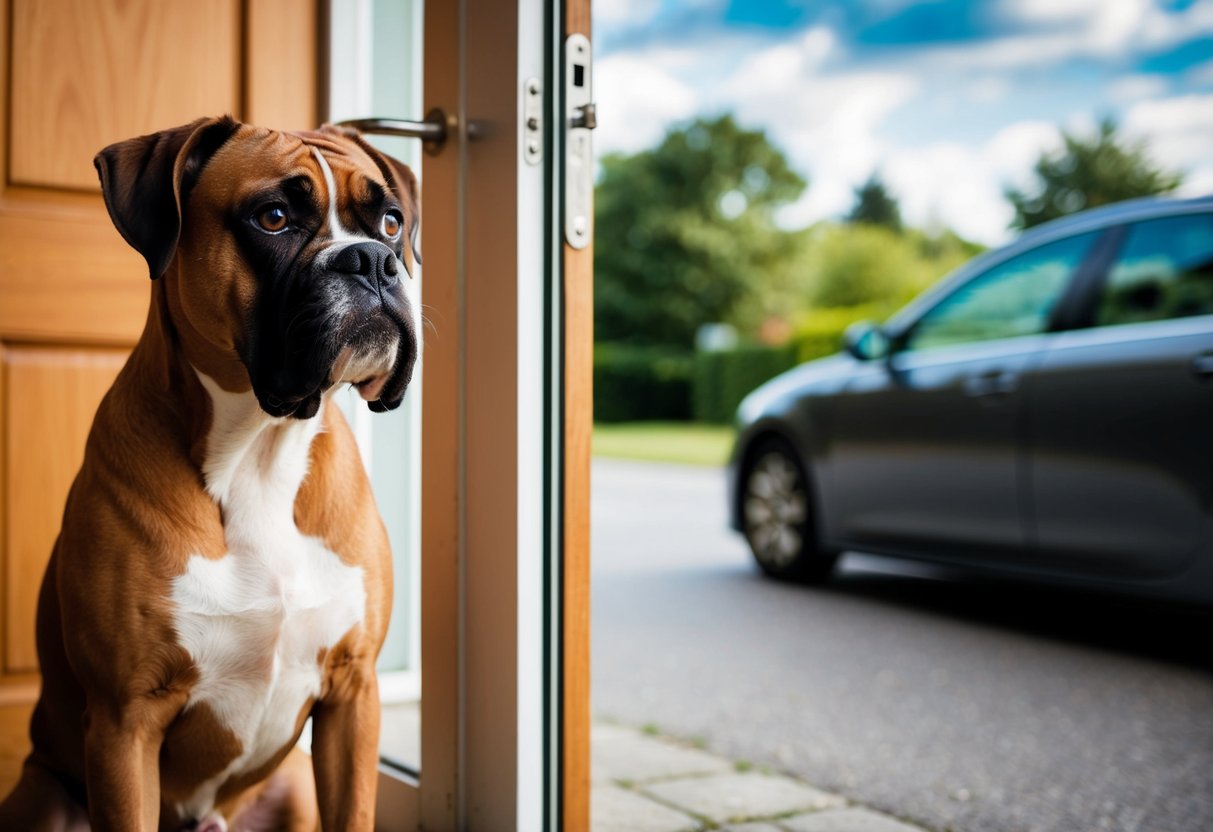 A boxer dog waits anxiously by the door, looking out with a worried expression as the owner's car drives away