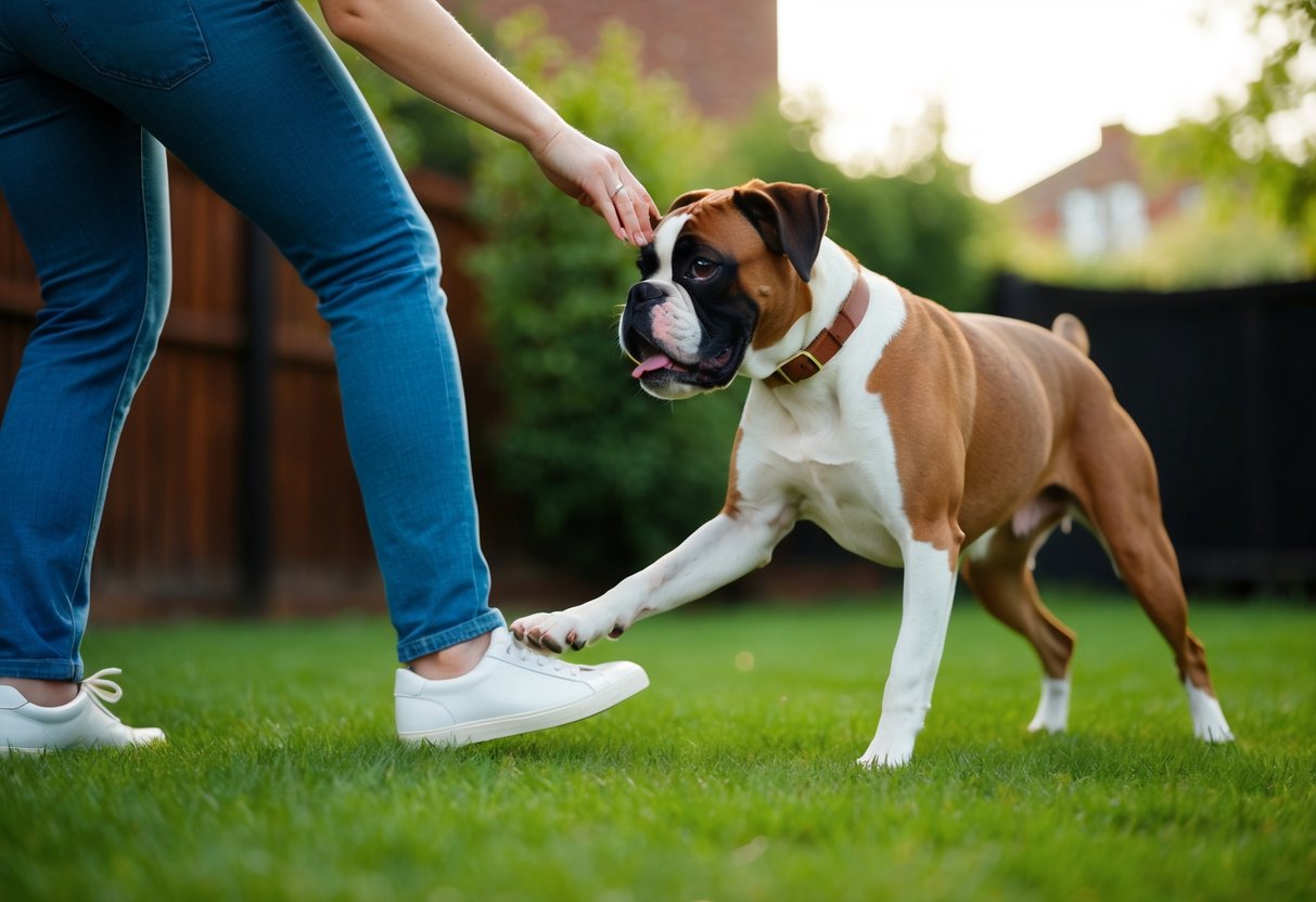 A boxer dog nipping at a person's ankle while playing in a backyard