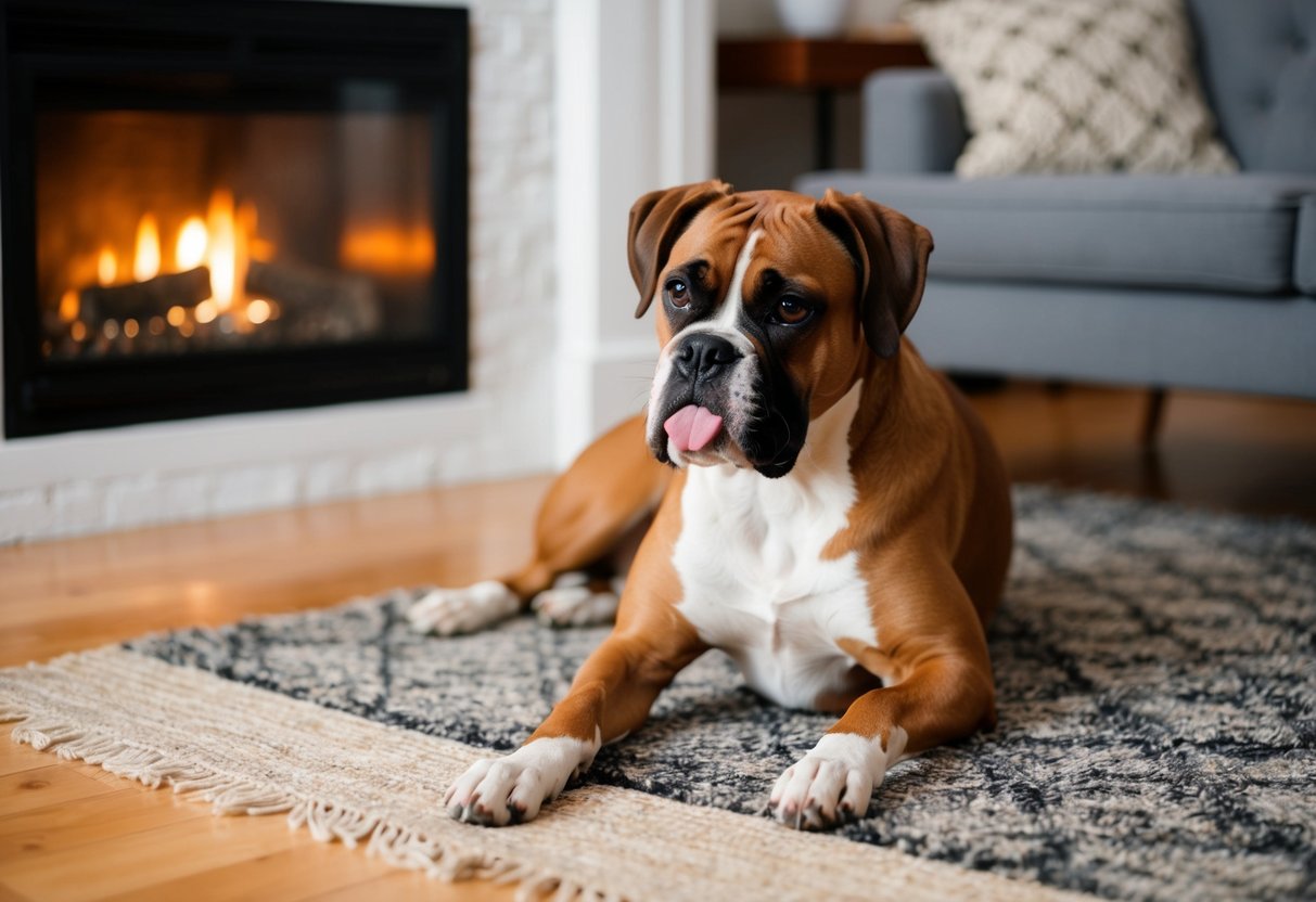 A boxer dog licks its paws while sitting on a cozy rug by the fireplace