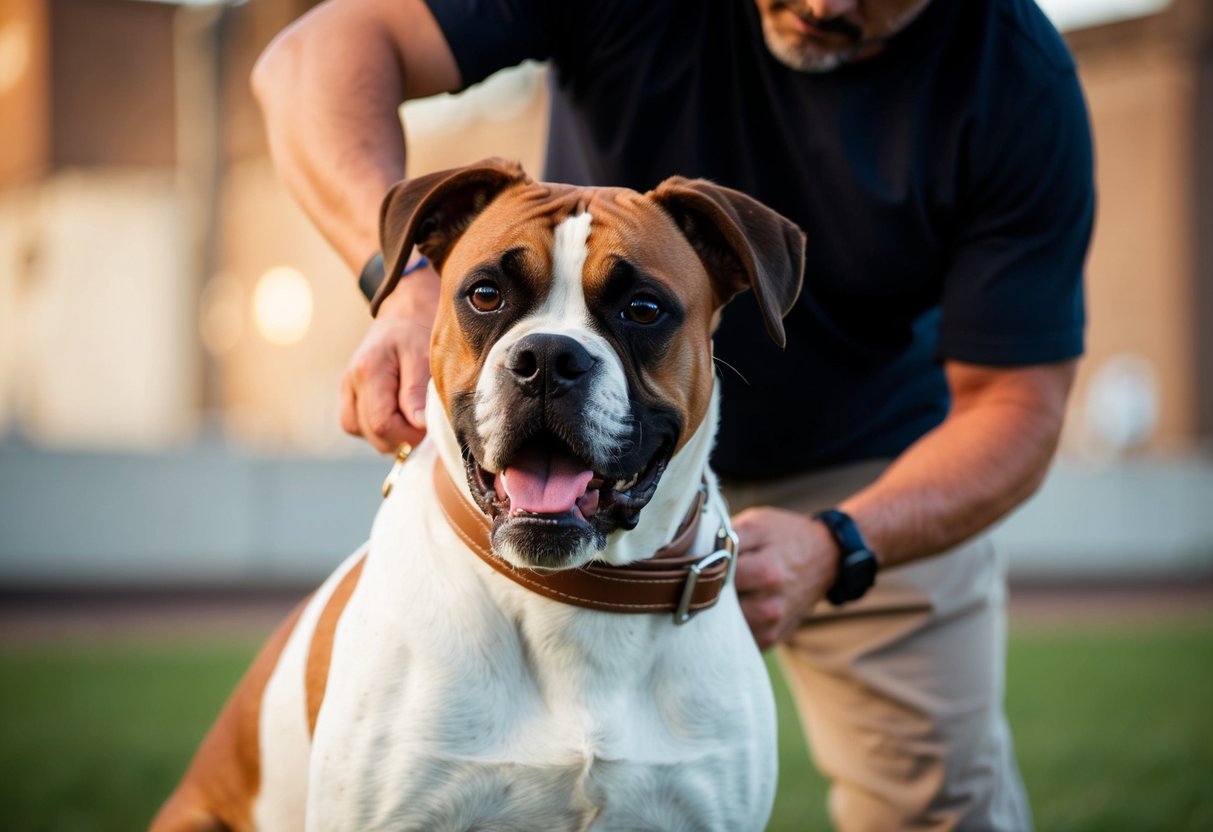A boxer dog nipping at a person's clothing during a training session