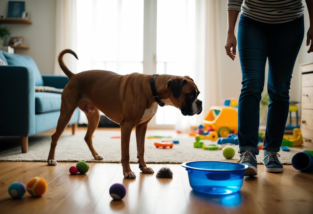A boxer dog nipping at a person's ankle as they walk through a cluttered living room with scattered toys and a spilled water bowl