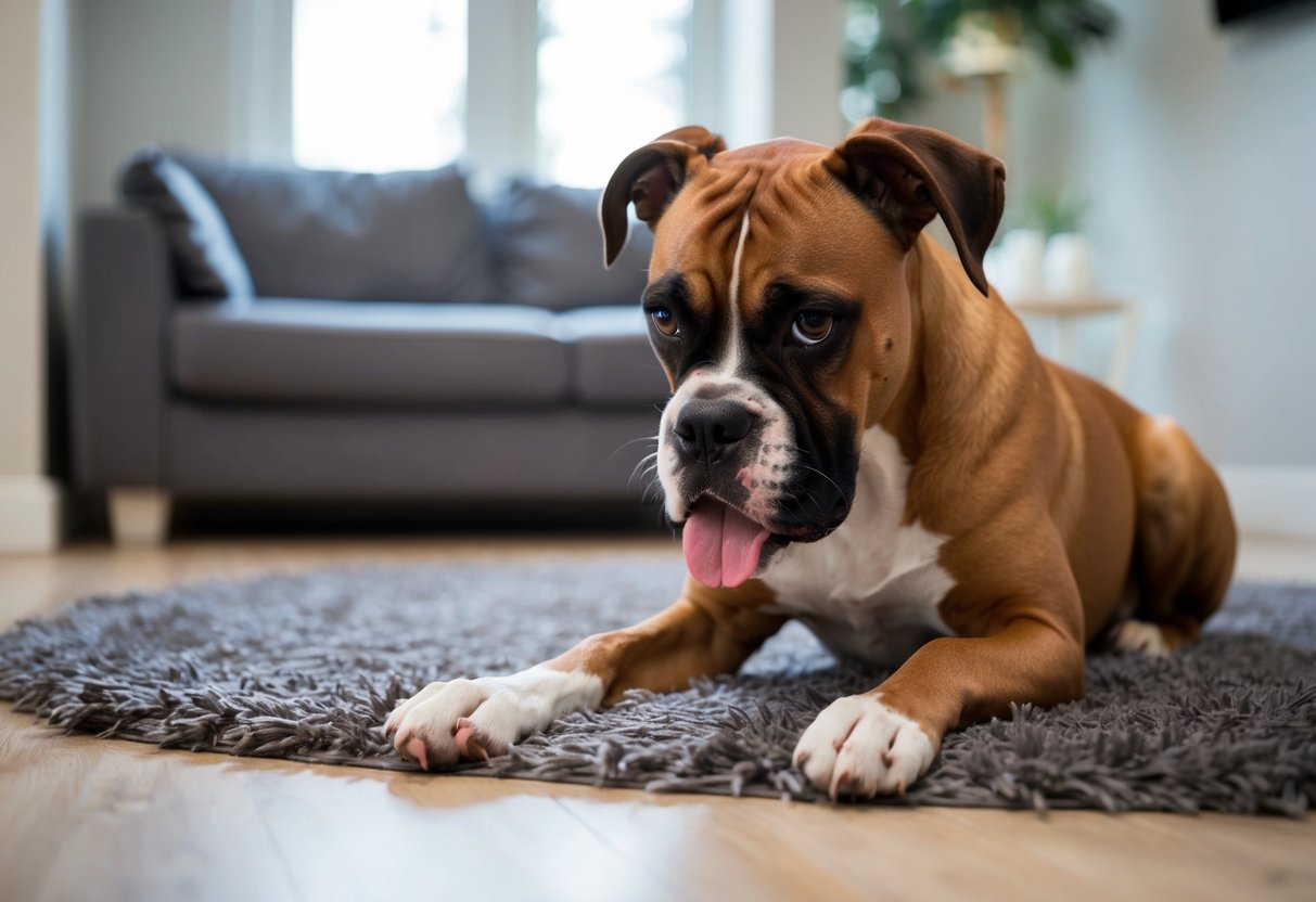 A boxer dog licking its paws excessively while sitting on a plush rug, with a concerned expression on its face