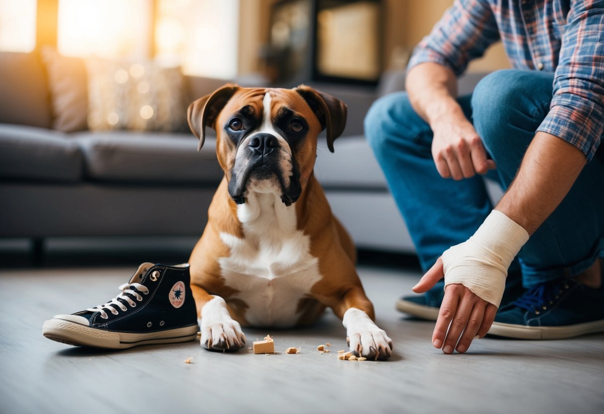 A boxer dog sits beside a chewed-up shoe, looking up at a puzzled owner with a bandaged hand