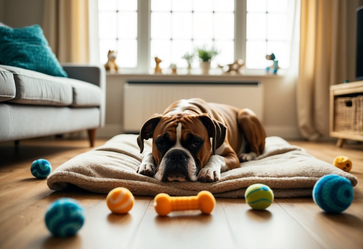 A cozy living room with a sleepy boxer dog curled up on a soft blanket, surrounded by scattered toys and a warm sunlight streaming through the window