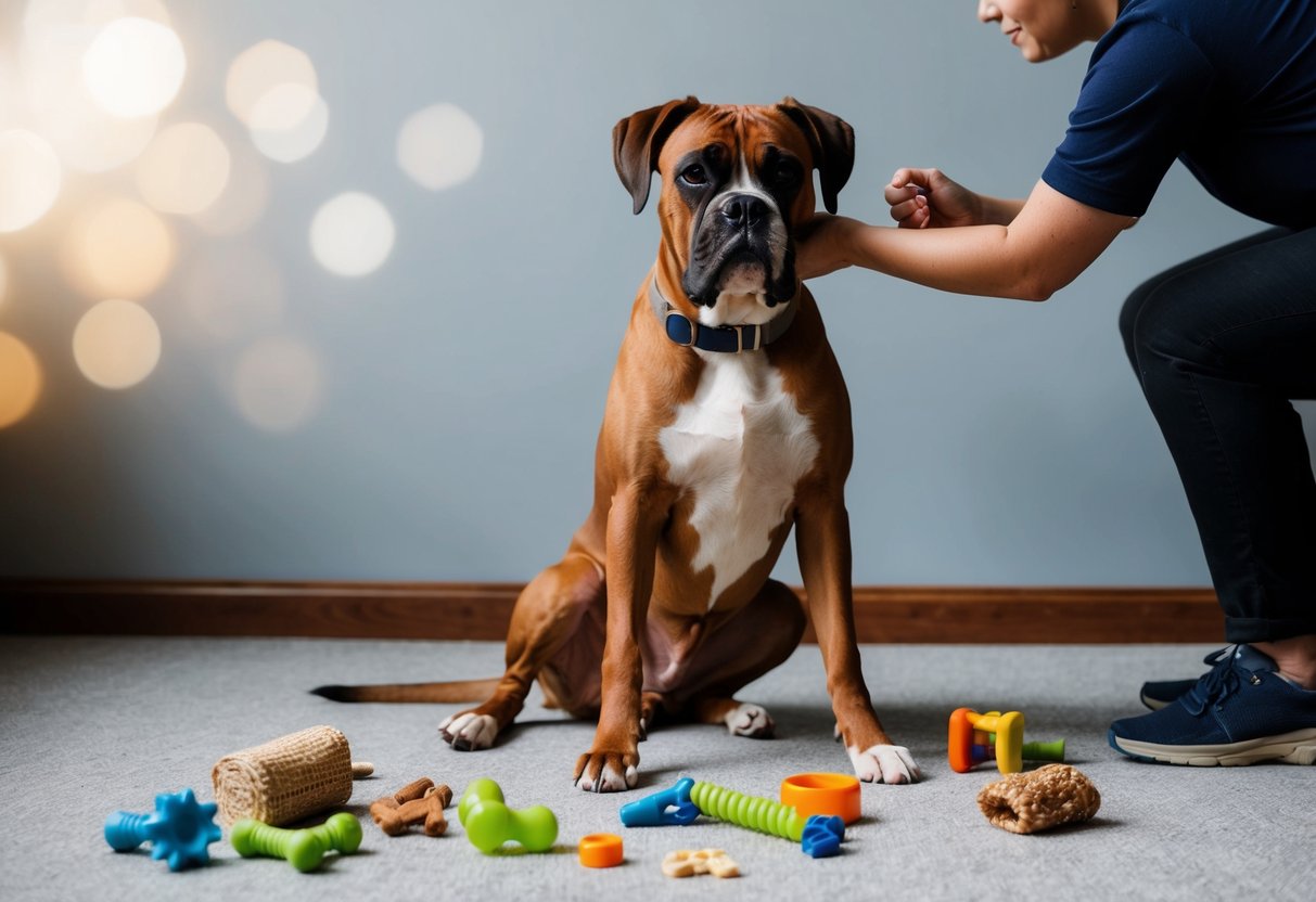 A boxer dog sitting calmly with a variety of chew toys and treats scattered around, while a person gently redirects the dog's attention away from licking