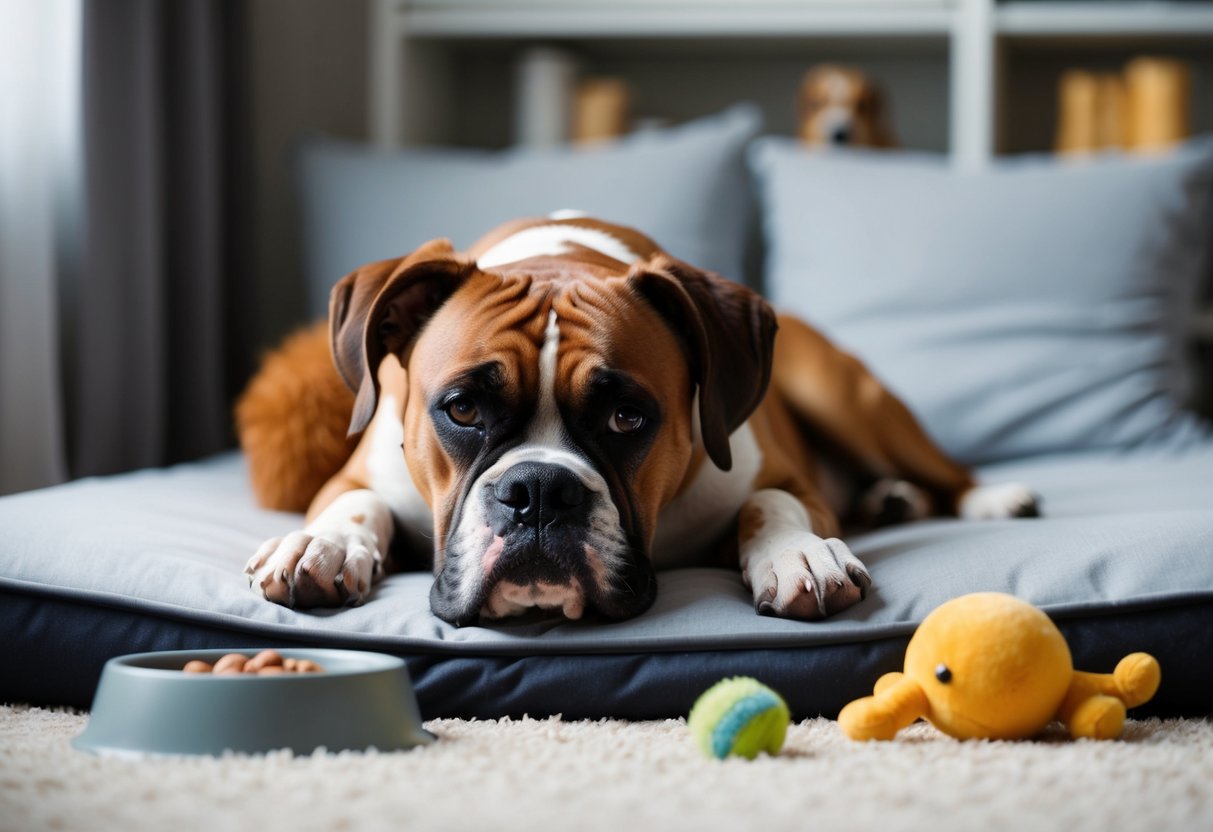A boxer dog lounges on a soft bed, eyes drooping and body relaxed, surrounded by toys and a food bowl