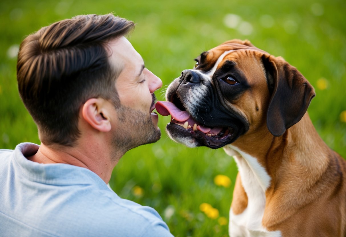 A boxer dog licking its owner's face with a wagging tail and happy expression