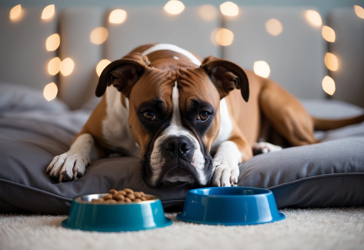 A boxer dog lying on a soft bed, with droopy eyes and a lack of energy, surrounded by empty food and water bowls