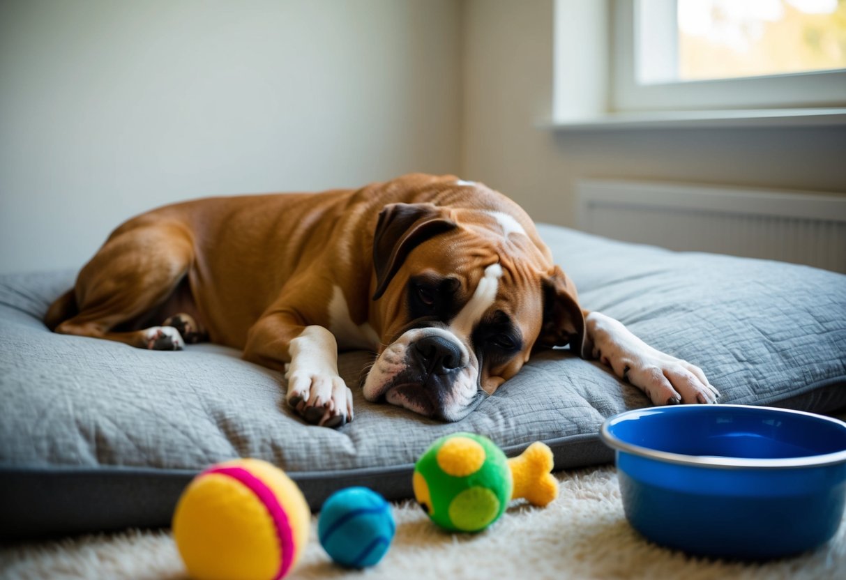 A sleepy boxer dog lying on a cozy bed, surrounded by toys and a water bowl. The room is quiet and peaceful, with soft natural light coming in from a nearby window