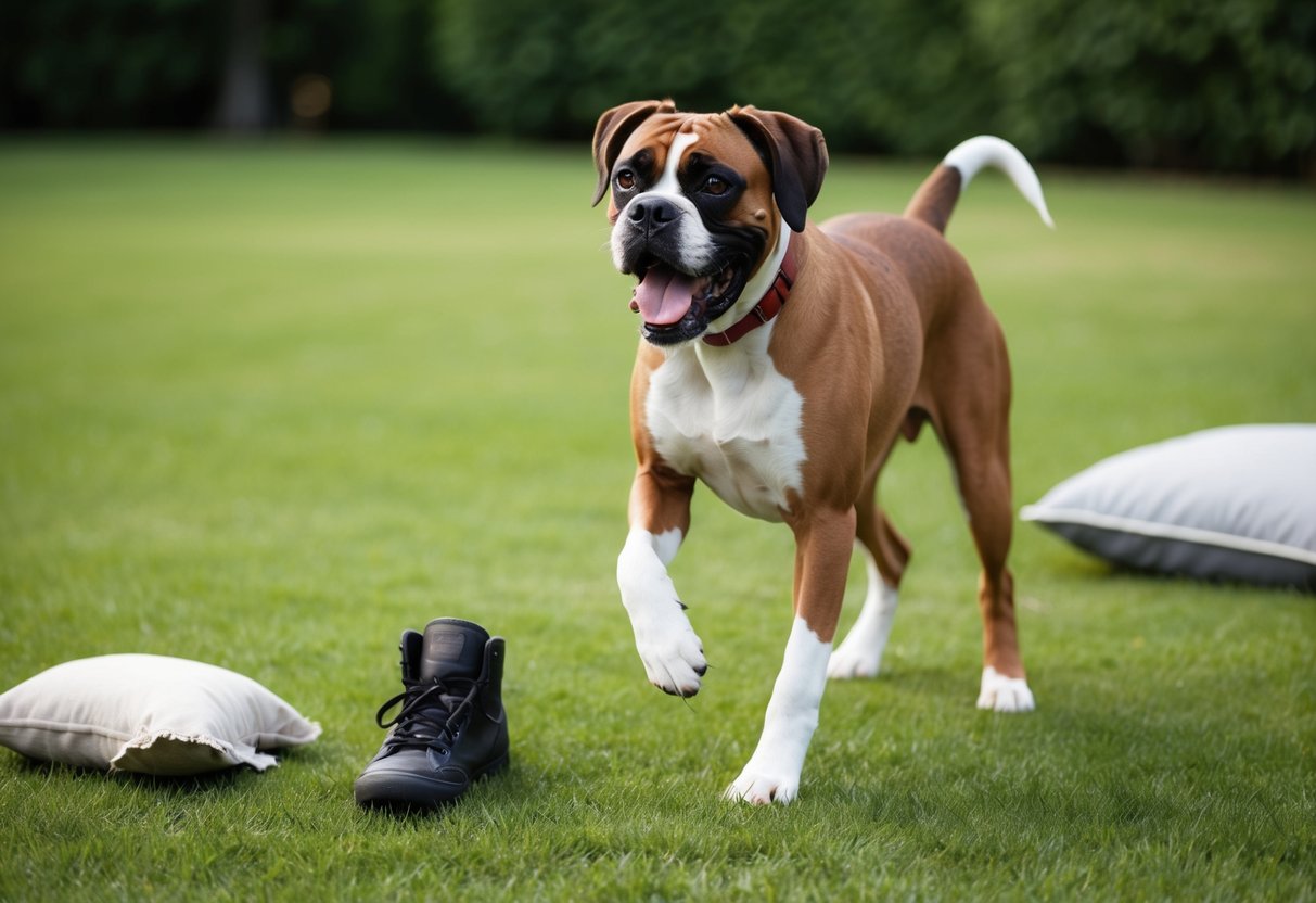 A happy boxer dog playing in a spacious backyard, with a wagging tail and alert expression. Nearby, a chewed-up shoe and a torn pillow illustrate the cons of owning a boxer