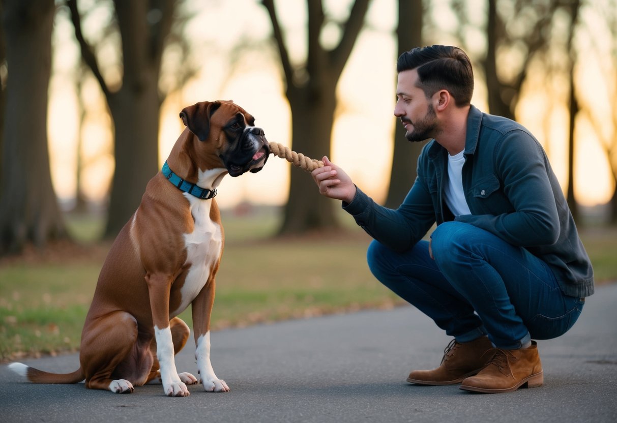 A boxer dog sits quietly, wagging its tail as its owner offers a chew toy