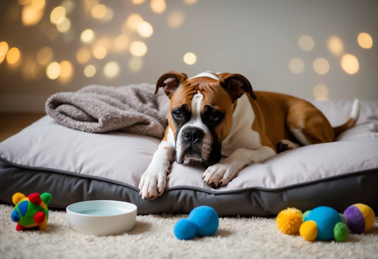 A boxer dog lies contentedly on a soft bed, surrounded by toys and a cozy blanket. A bowl of fresh water sits nearby