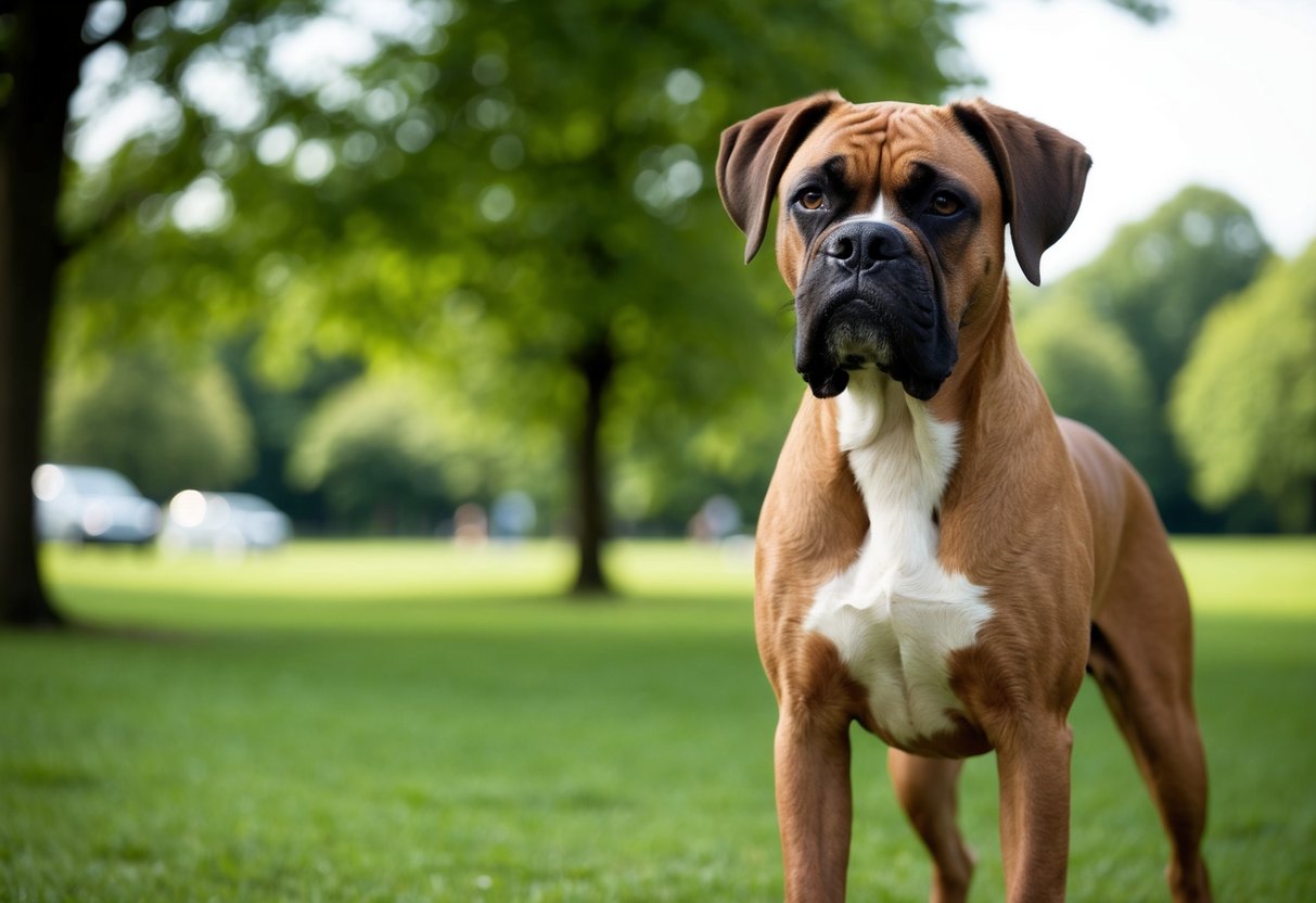 A boxer dog standing in a park, with a muddy coat and a pungent odor emanating from its fur