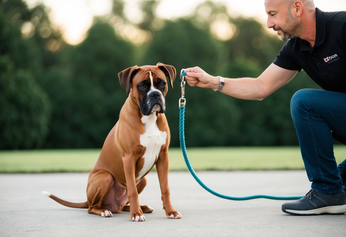 A boxer dog sitting calmly, ears perked, while a trainer uses positive reinforcement techniques to discourage whining