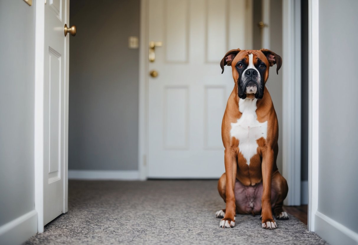 A boxer dog sitting alone in a room, looking anxious and whining softly while staring at the closed door