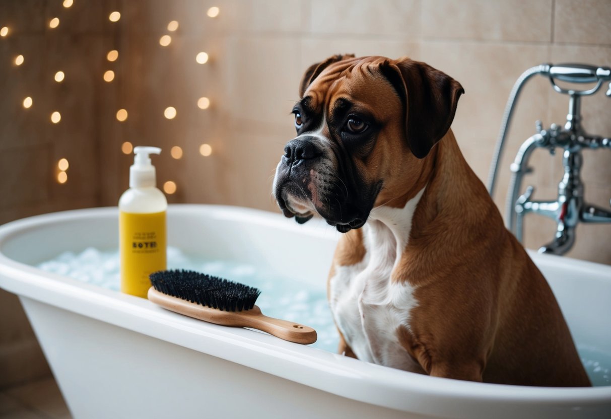 A boxer dog getting a bath in a tub, with a bottle of dog shampoo and a brush nearby