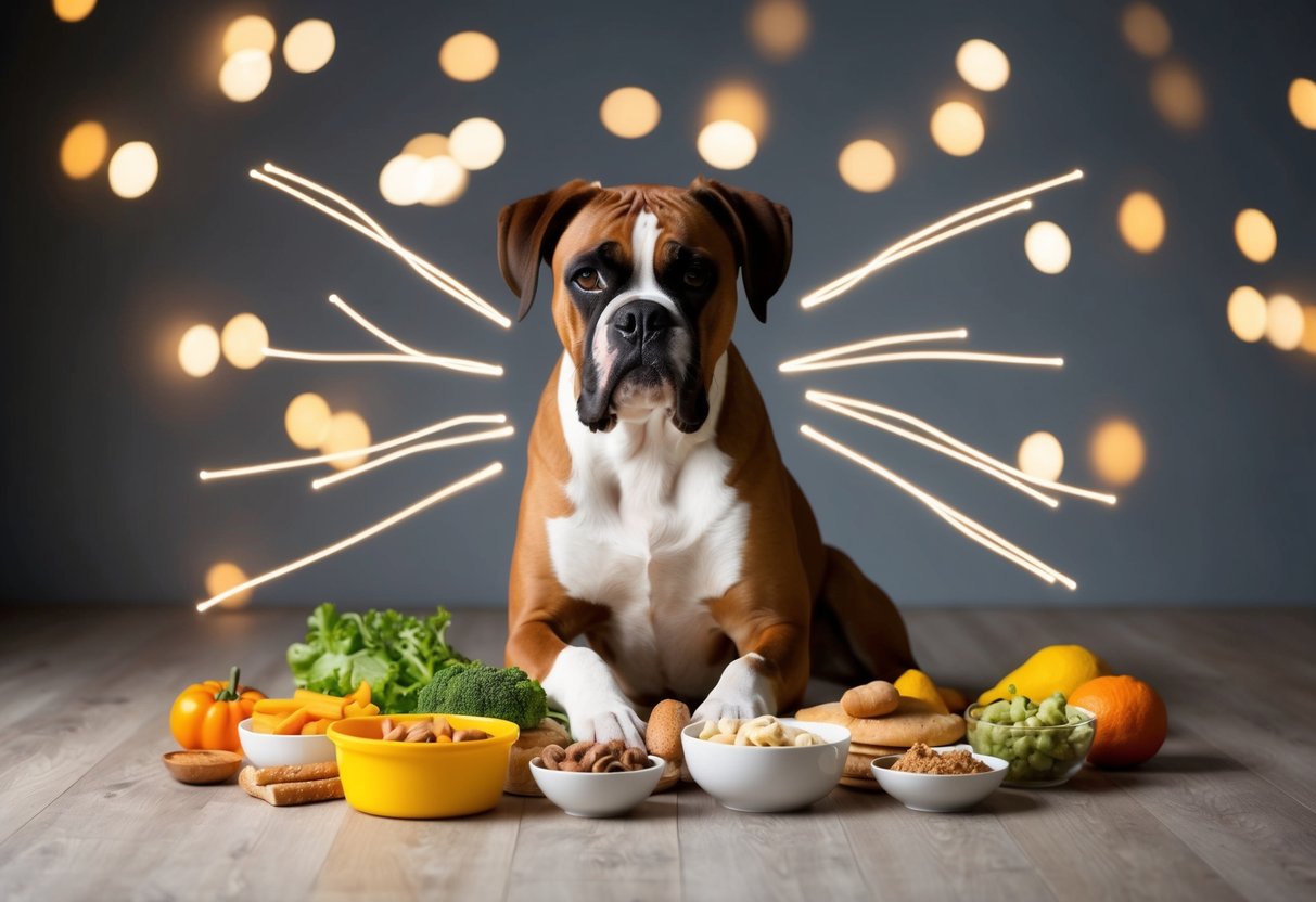 A boxer dog surrounded by various food items, with stinky odor lines emanating from its body