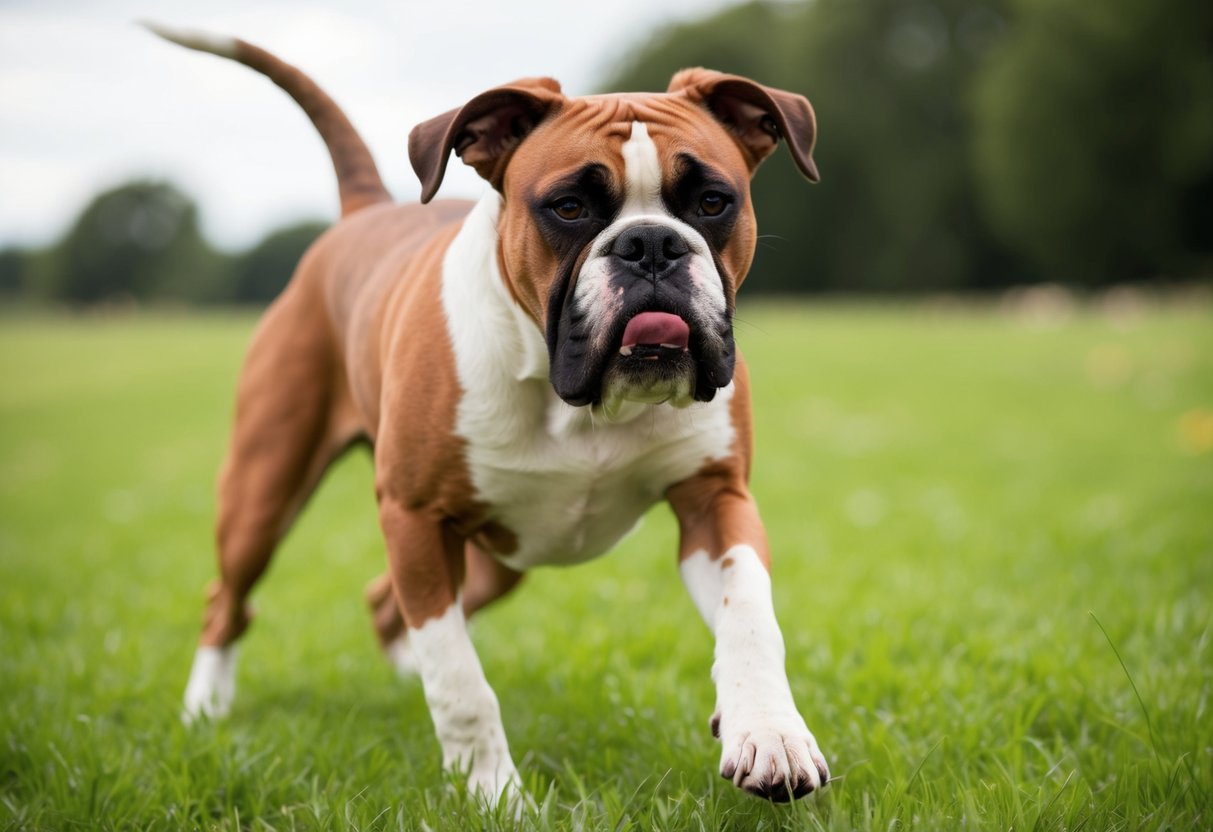 A boxer dog snorts while playing in a grassy field, its wrinkled face and wide nostrils clearly visible as it breathes heavily